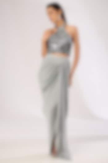 Steel Grey Crepe Chiffon Skirt Set by Amit Aggarwal at Pernia's Pop Up Shop