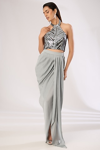 Steel Grey Crepe Chiffon Skirt Set by Amit Aggarwal
