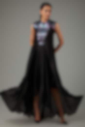 Black Metallic Polymer & Crepe Chiffon Dress by Amit Aggarwal