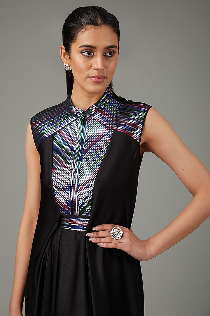 Black Metallic Polymer & Crepe Chiffon Cocktail Dress by Amit Aggarwal at Pernia's Pop Up Shop