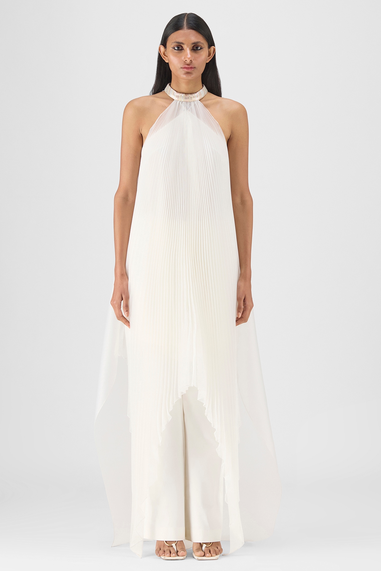 Pearl White Sheer Organza & Polyester Pleated Maxi Dress by