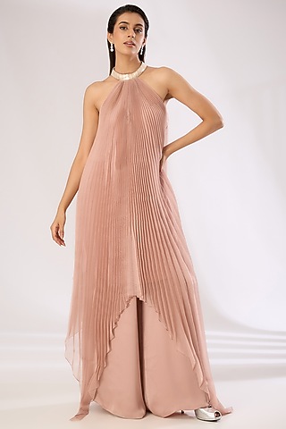 Rose Pink Crepe Chiffon Dress With Inner by Amit Aggarwal