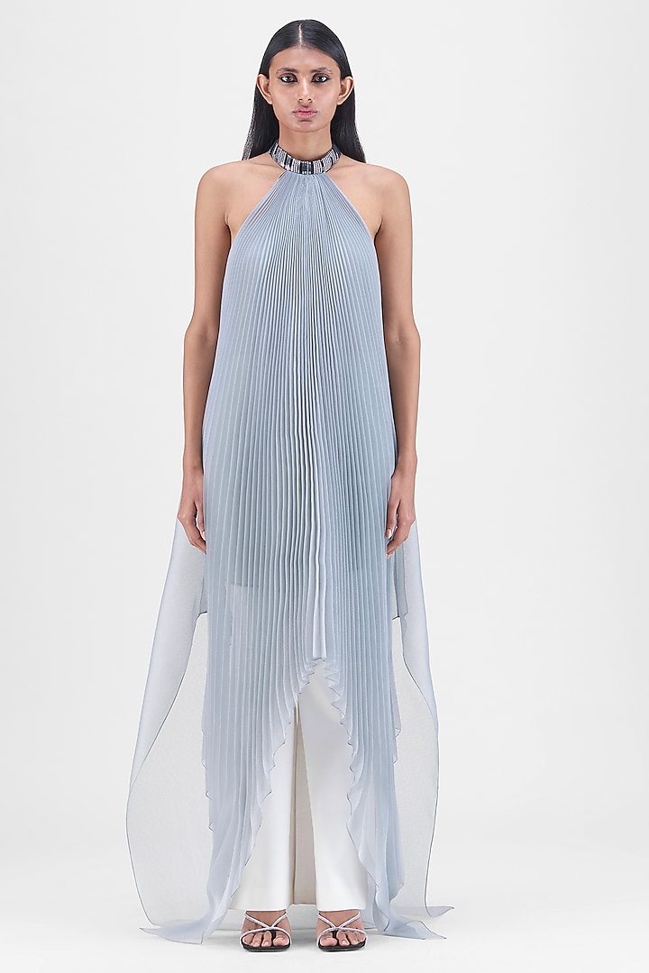 Steel Grey Sheer Organza & Polyester Pleated Maxi Cocktail Dress by Amit Aggarwal at Pernia's Pop Up Shop