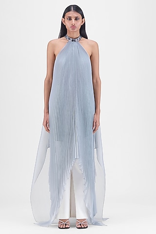 Steel Grey Sheer Organza & Polyester Pleated Maxi Dress by Amit Aggarwal