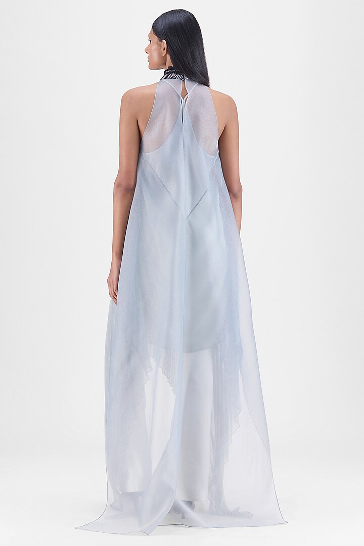 Steel Grey Sheer Organza & Polyester Pleated Maxi Cocktail Dress by Amit Aggarwal at Pernia's Pop Up Shop