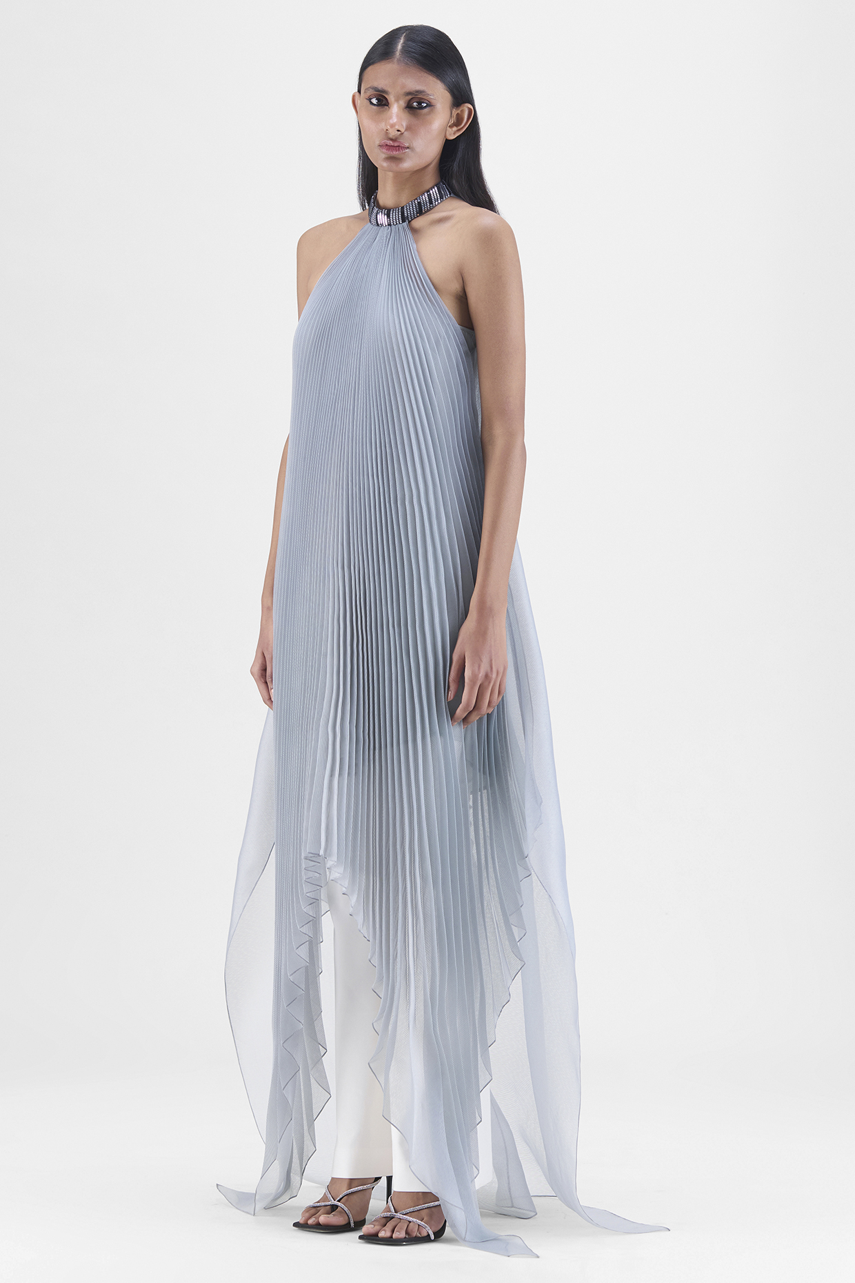 Steel Grey Sheer Organza Polyester Pleated Maxi Dress by Amit Aggarwal at Pernia s Pop Up Shop 2024