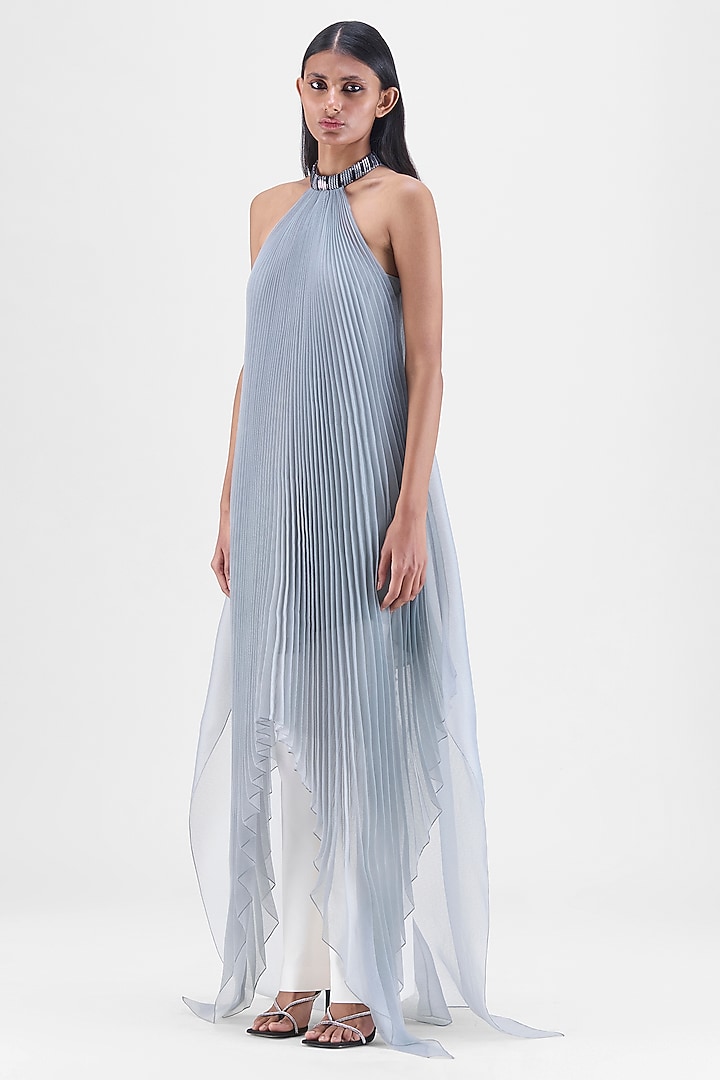 Steel Grey Sheer Organza & Polyester Pleated Maxi Cocktail Dress by Amit Aggarwal at Pernia's Pop Up Shop