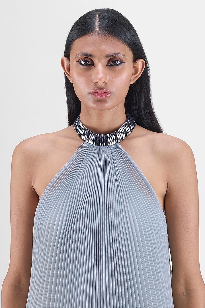 Steel Grey Sheer Organza & Polyester Pleated Maxi Cocktail Dress by Amit Aggarwal at Pernia's Pop Up Shop