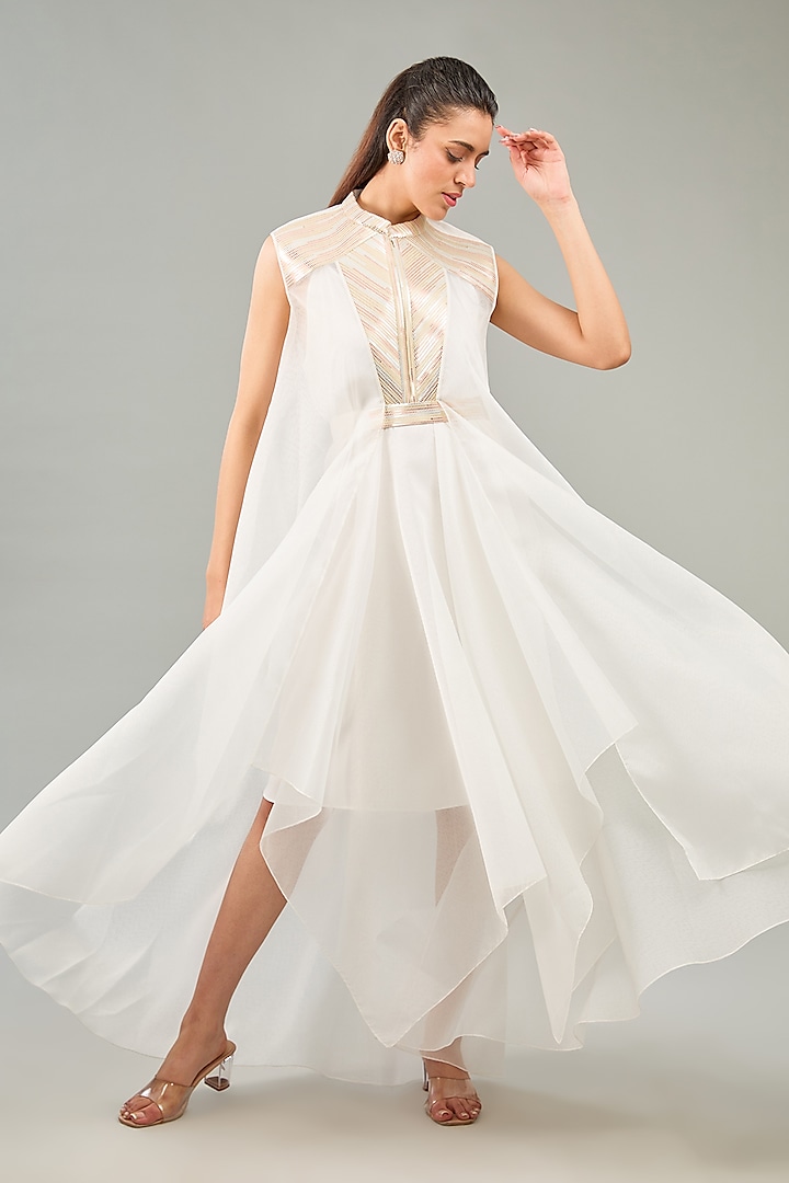 Pearl White Metallic Polymer & Crepe Chiffon Dress by Amit Aggarwal