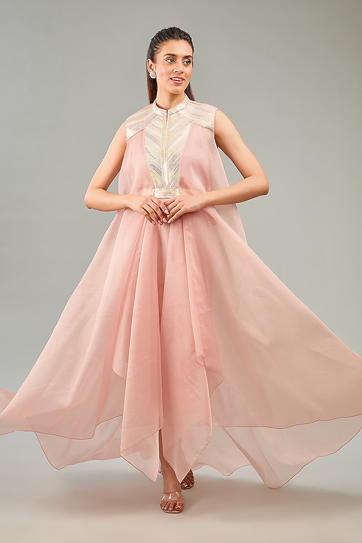 Rose Pink Metallic Polymer & Crepe Chiffon Dress by Amit Aggarwal