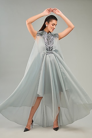 Steel grey Metallic Polymer & Crepe Chiffon Dress by Amit Aggarwal