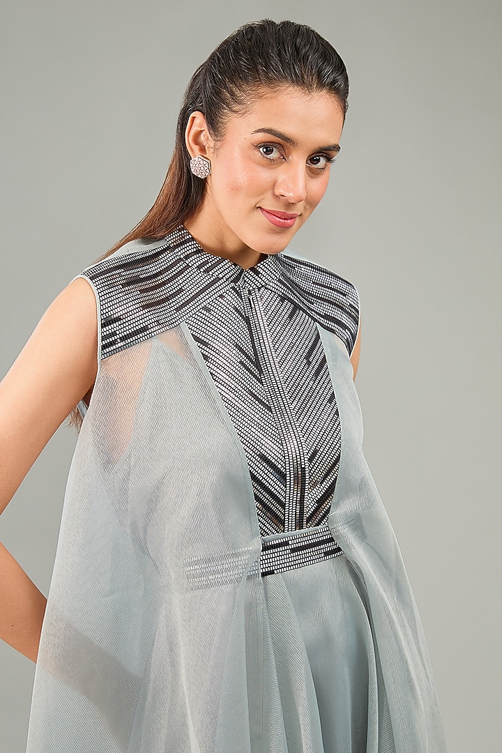 Steel grey Metallic Polymer & Crepe Chiffon Cocktail Dress by Amit Aggarwal at Pernia's Pop Up Shop