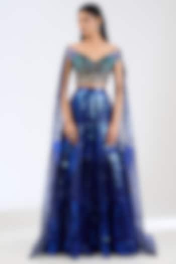Ink Blue Butterfly Net Bridal Lehenga Set by Amit Aggarwal at Pernia's Pop Up Shop