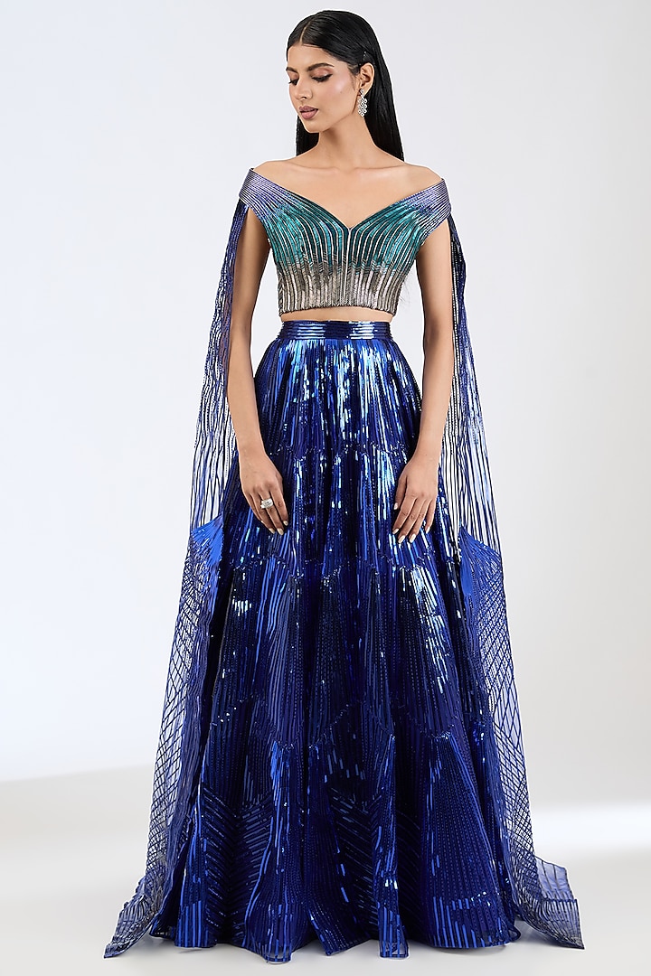 Ink Blue Butterfly Net Bridal Lehenga Set by Amit Aggarwal at Pernia's Pop Up Shop