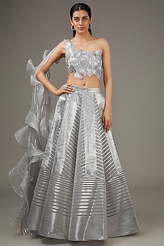 Silver Metallic Polymer Lehenga Set by Amit Aggarwal