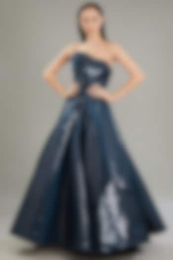 Blue Metallic Polymer & Chiffon Party Wear Dress by Amit Aggarwal at Pernia's Pop Up Shop