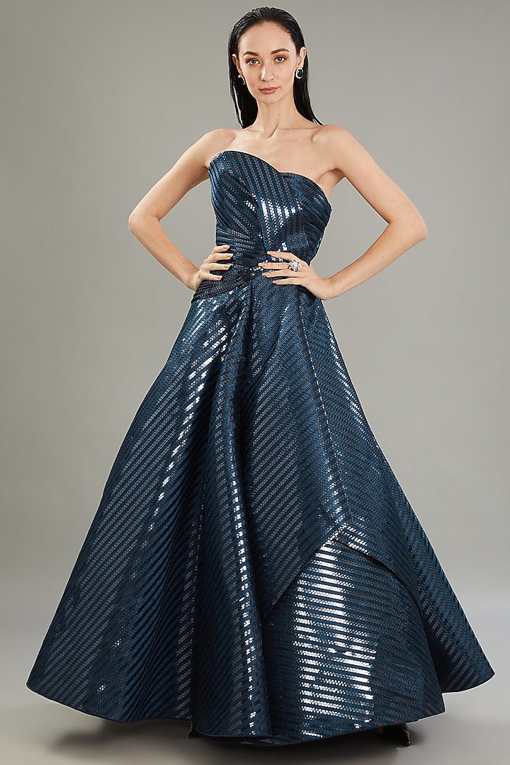 Blue Metallic Polymer & Chiffon Party Wear Dress by Amit Aggarwal at Pernia's Pop Up Shop
