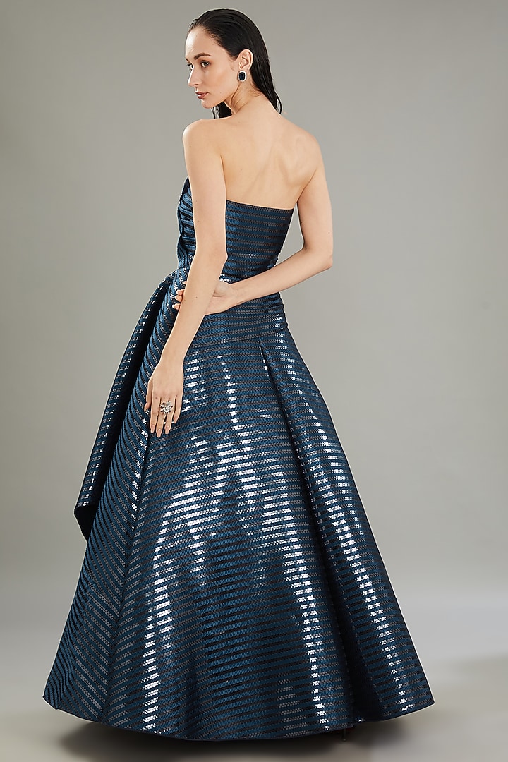 Blue Metallic Polymer & Chiffon Party Wear Dress by Amit Aggarwal at Pernia's Pop Up Shop