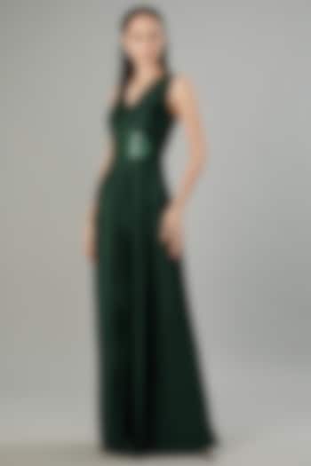 Green Crepe Chiffon & Metallic Polymer Gown by Amit Aggarwal