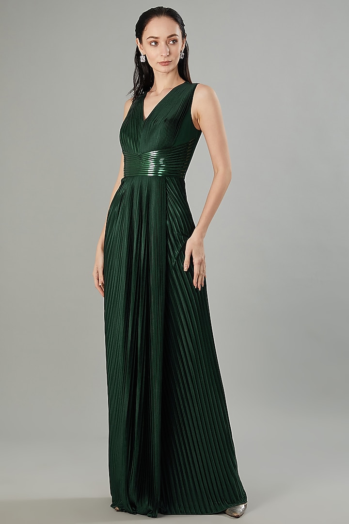 Green Crepe Chiffon & Metallic Polymer Gown by Amit Aggarwal