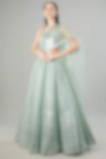 Mint Metallic Polymer Bridal Lehenga Set by Amit Aggarwal at Pernia's Pop Up Shop