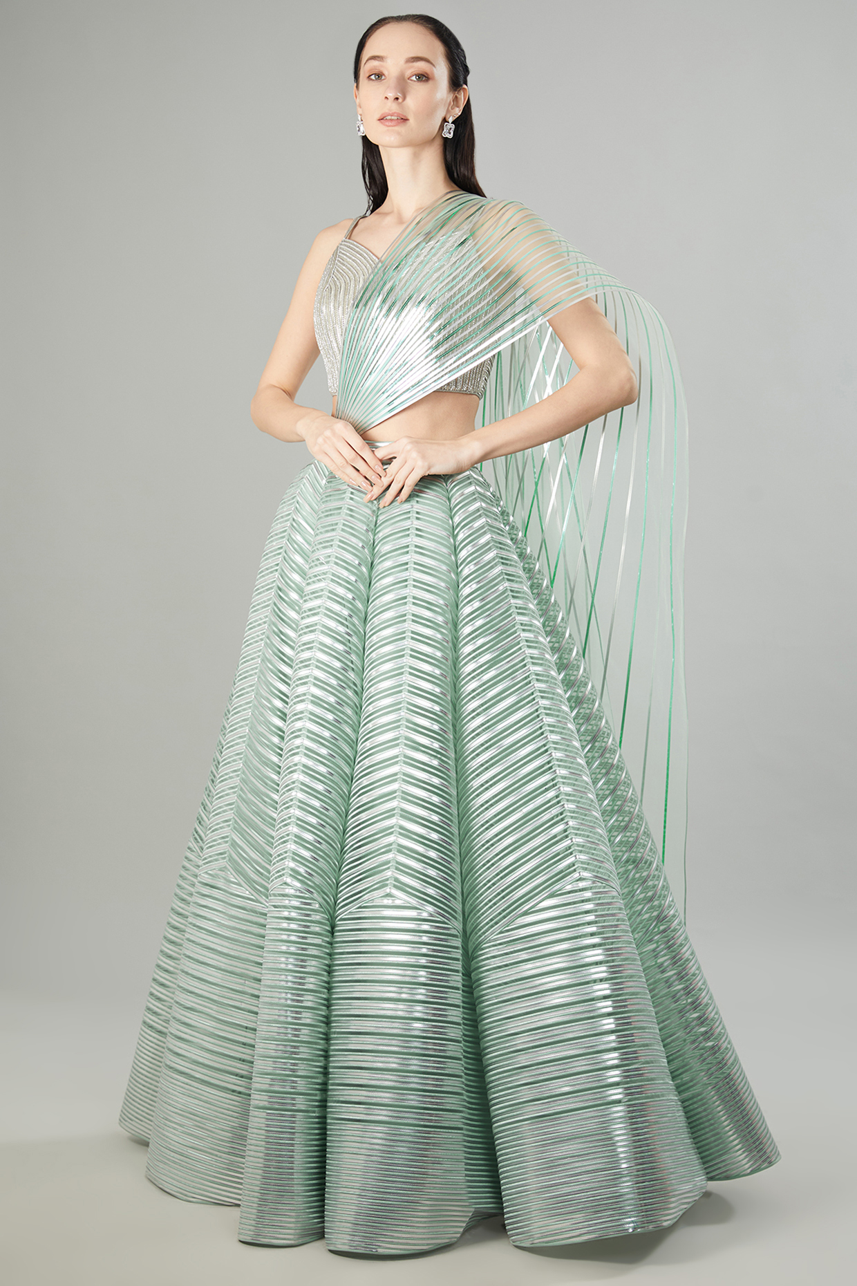 Mint Metallic Polymer Bridal Lehenga Set by Amit Aggarwal at Pernia's Pop Up Shop