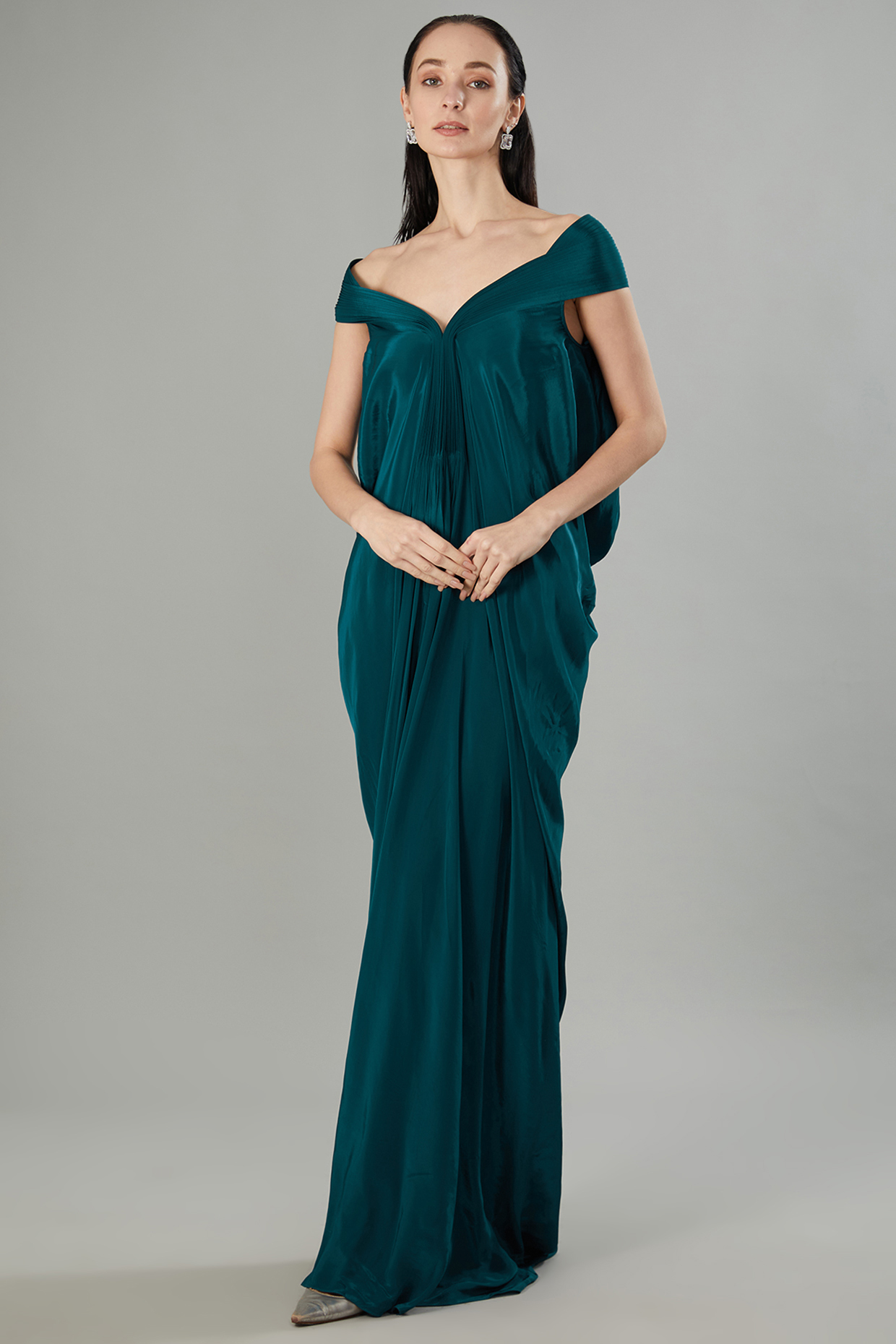 Teal Crepe Chiffon & Metallic Polymer Party Wear Gown by Amit Aggarwal at Pernia's Pop Up Shop
