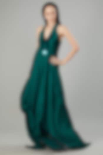 Teal Crepe Chiffon & Metallic Polymer Gown by Amit Aggarwal