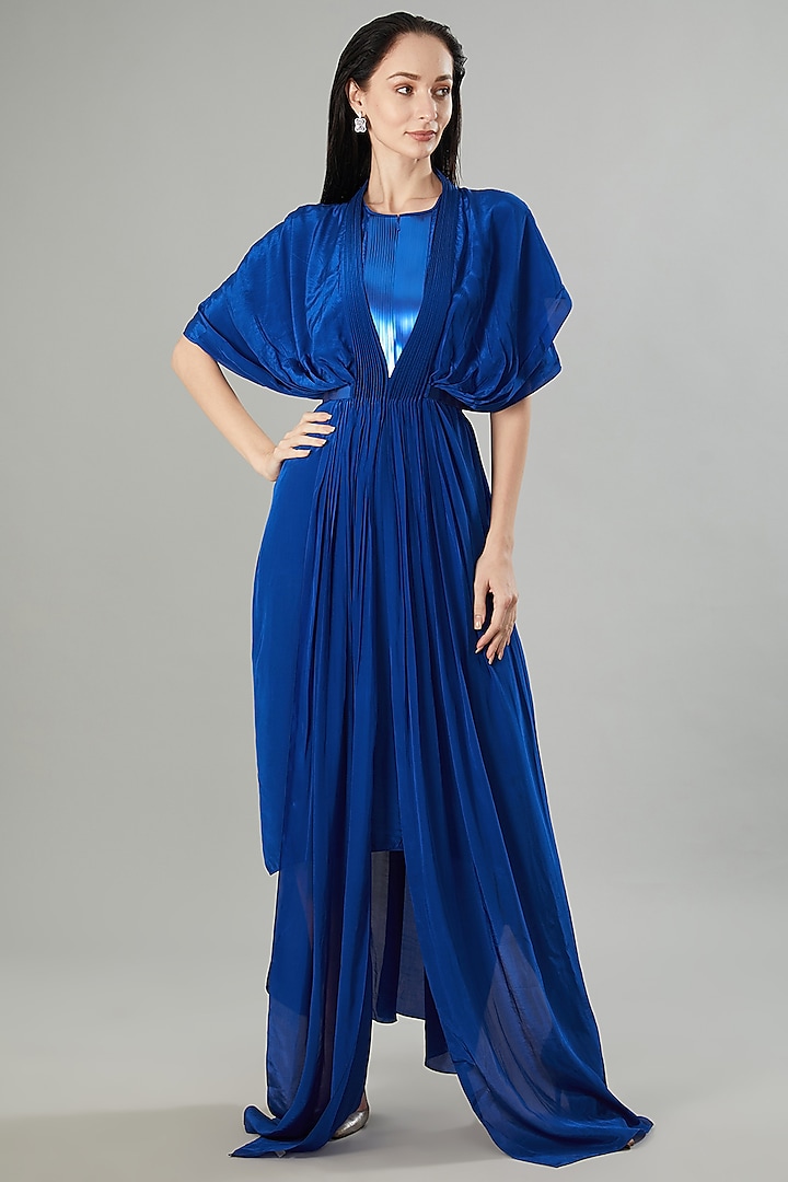 Royal Blue Crepe Chiffon & Metallic Polymer Maxi Dress by Amit Aggarwal