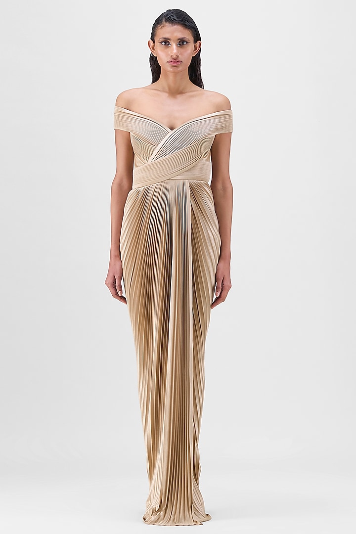 Sand Colored Nylon Jersey Structured Engagement Gown by Amit Aggarwal at Pernia's Pop Up Shop