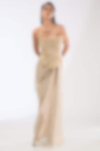 Sand Beige Striped Organza Engagement Gown by Amit Aggarwal at Pernia's Pop Up Shop