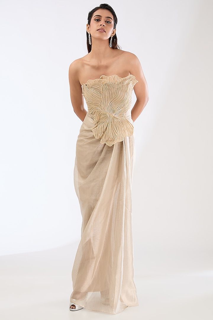 Sand Beige Striped Organza Engagement Gown by Amit Aggarwal at Pernia's Pop Up Shop