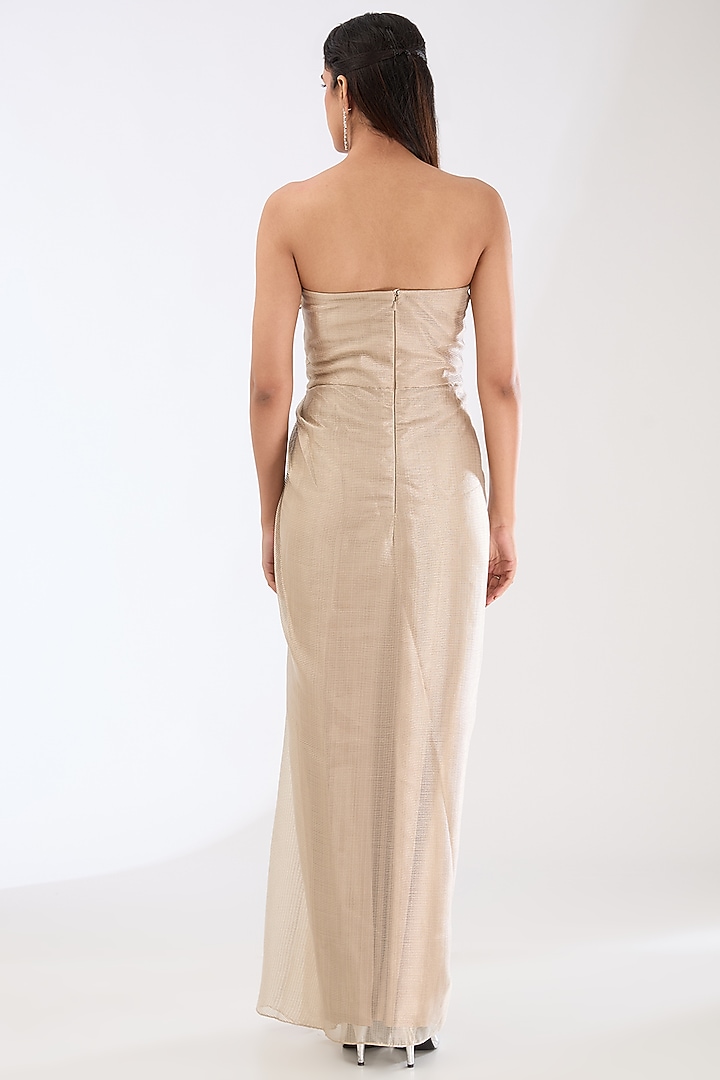 Sand Beige Striped Organza Wedding Gown by Amit Aggarwal at Pernia's Pop Up Shop