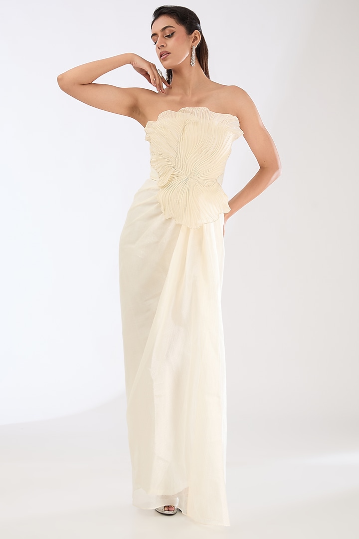 Pearl White Striped Organza Wedding Gown by Amit Aggarwal at Pernia's Pop Up Shop