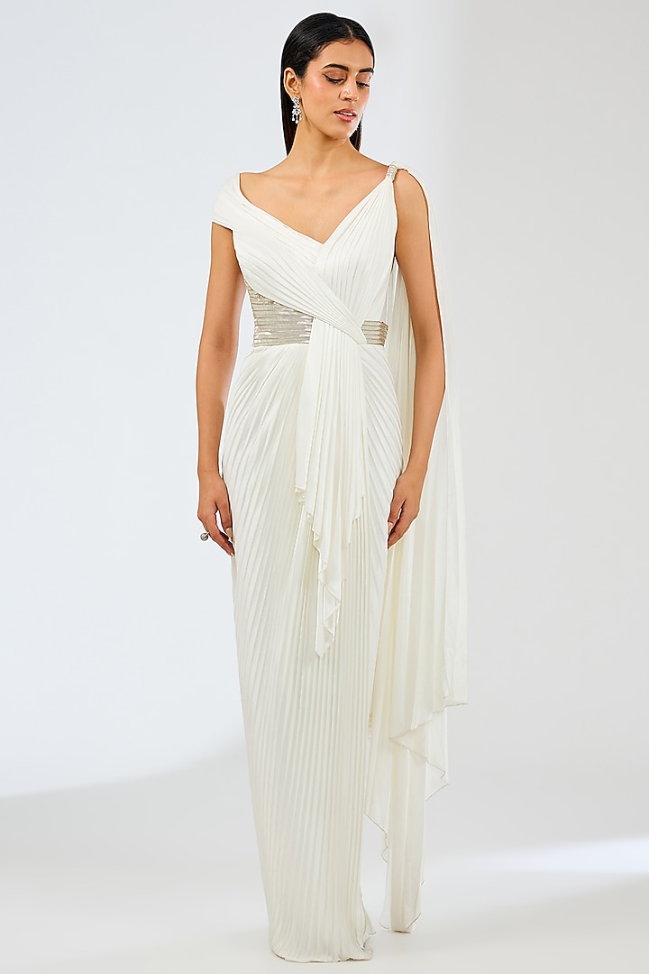 Pearl White Nylon Jersey Structured Reception Saree by Amit Aggarwal at Pernia's Pop Up Shop