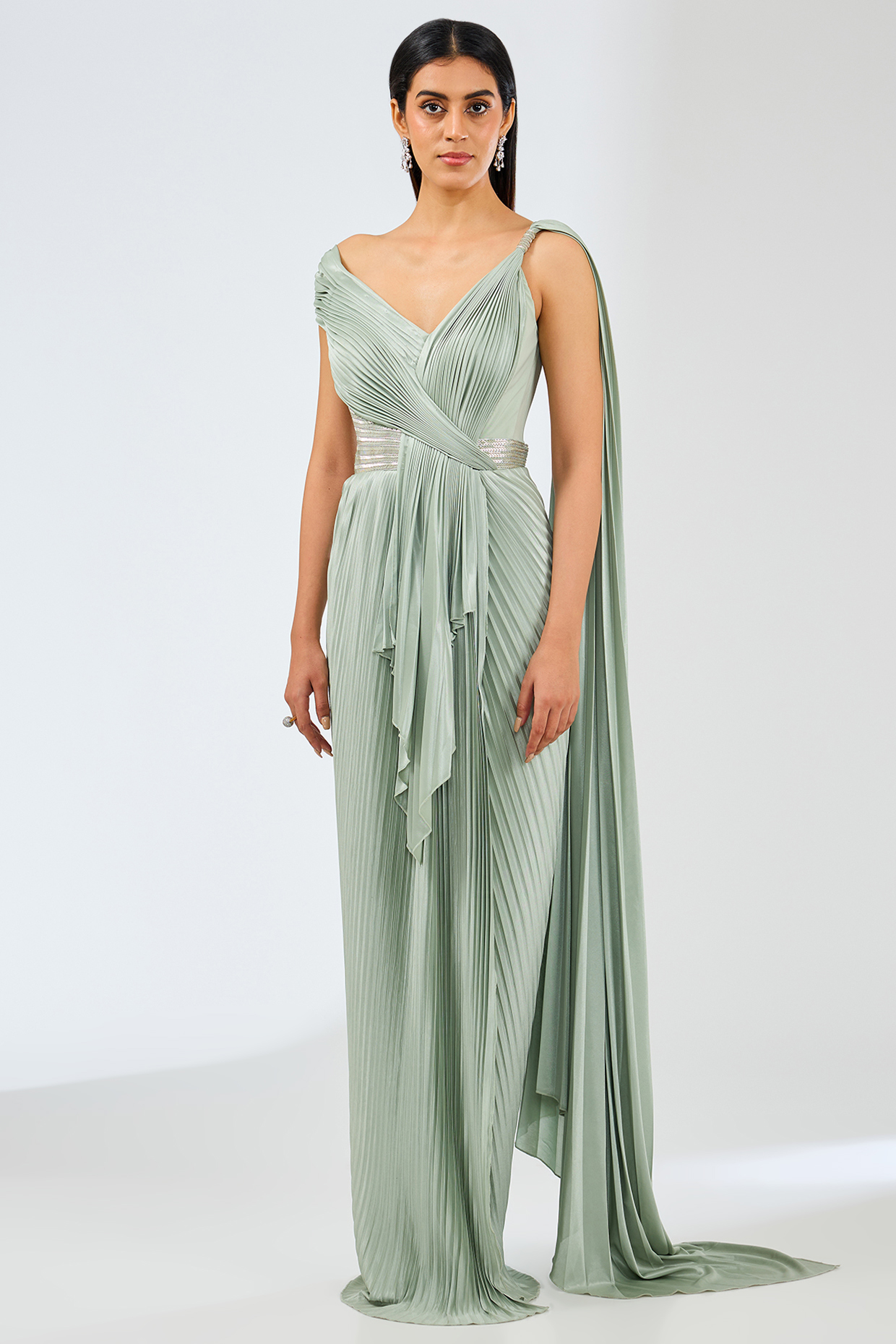 Sage Green Nylon Jersey Structured Reception Saree by Amit Aggarwal at Pernia's Pop Up Shop