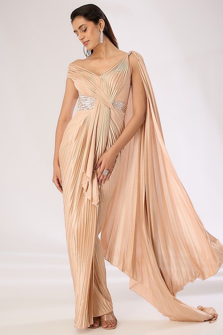 Skin Colored Metallic Polymer Draped Reception Saree by Amit Aggarwal at Pernia's Pop Up Shop