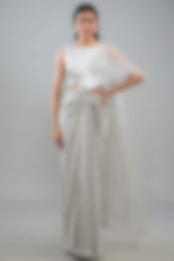 Steel Silver Metallic Polymer & Crepe Chiffon Draped Skirt Wedding Saree Set by Amit Aggarwal at Pernia's Pop Up Shop