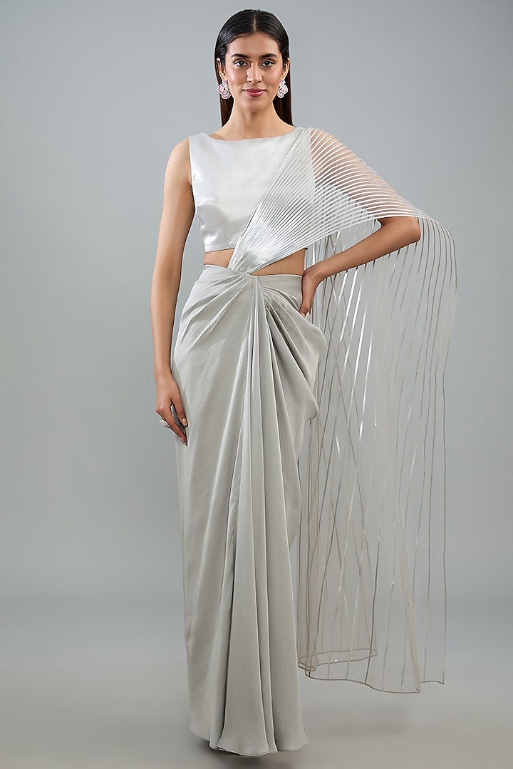 Steel Silver Metallic Polymer & Crepe Chiffon Draped Skirt Saree Set by Amit Aggarwal