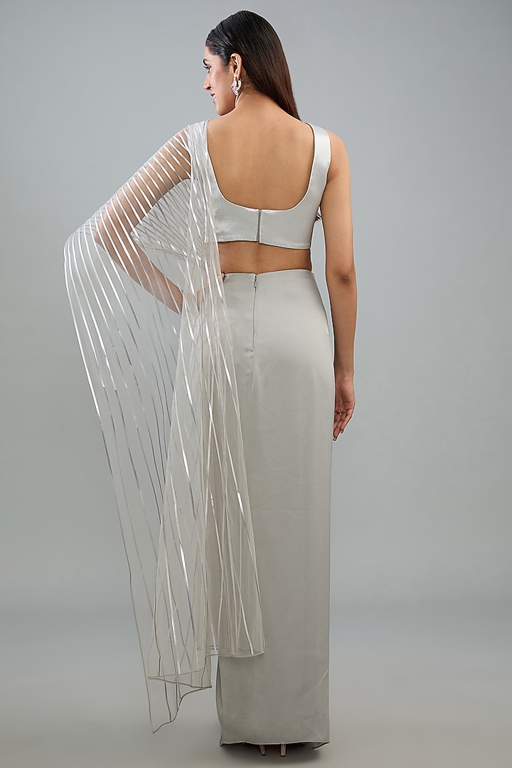 Steel Silver Metallic Polymer & Crepe Chiffon Draped Skirt Wedding Saree Set by Amit Aggarwal at Pernia's Pop Up Shop
