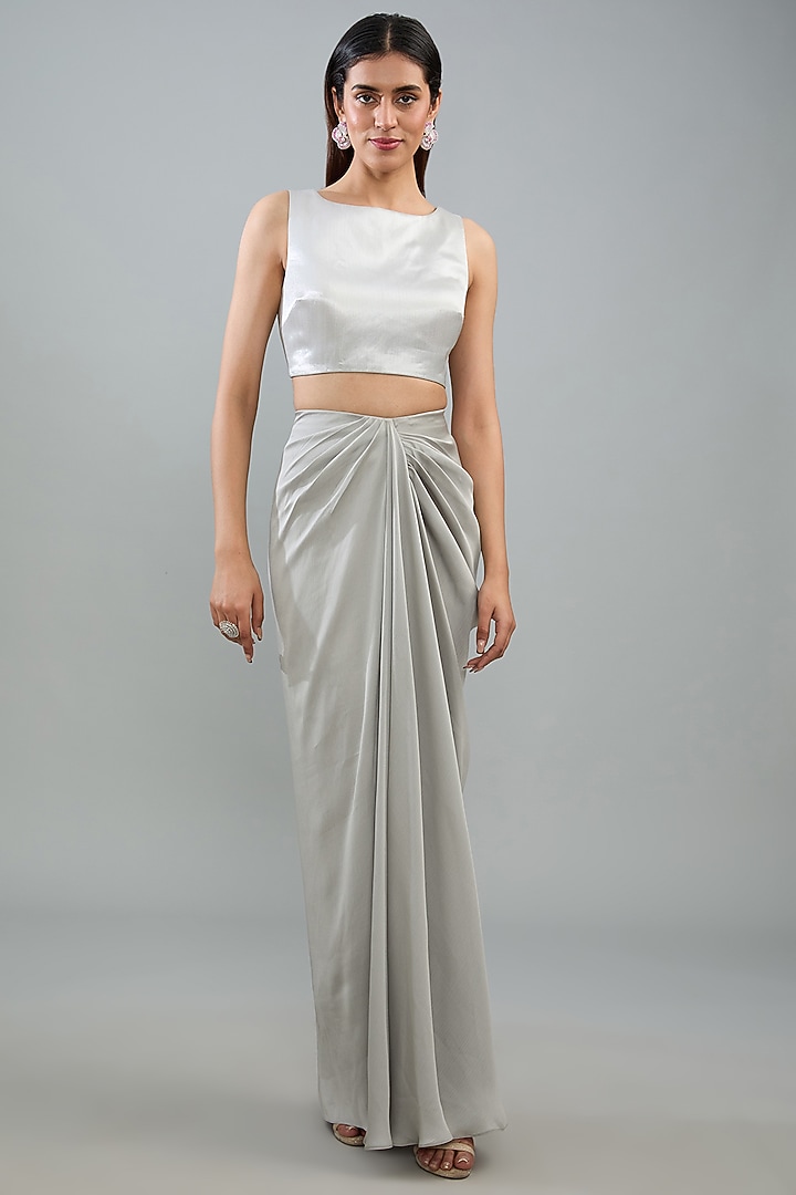 Steel Silver Metallic Polymer & Crepe Chiffon Draped Skirt Wedding Saree Set by Amit Aggarwal at Pernia's Pop Up Shop