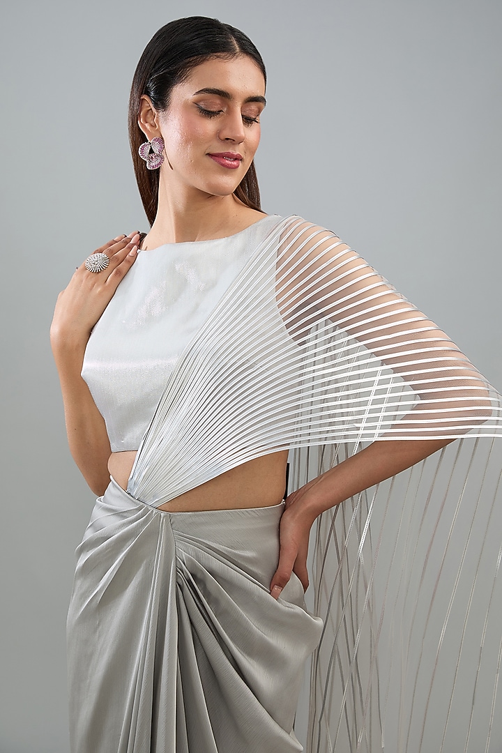 Steel Silver Metallic Polymer & Crepe Chiffon Draped Skirt Wedding Saree Set by Amit Aggarwal at Pernia's Pop Up Shop