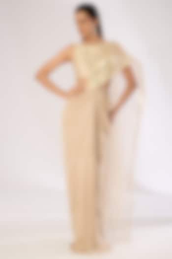 Sand-Colored Metallic Polymer Draped Skirt Wedding Saree Set by Amit Aggarwal at Pernia's Pop Up Shop