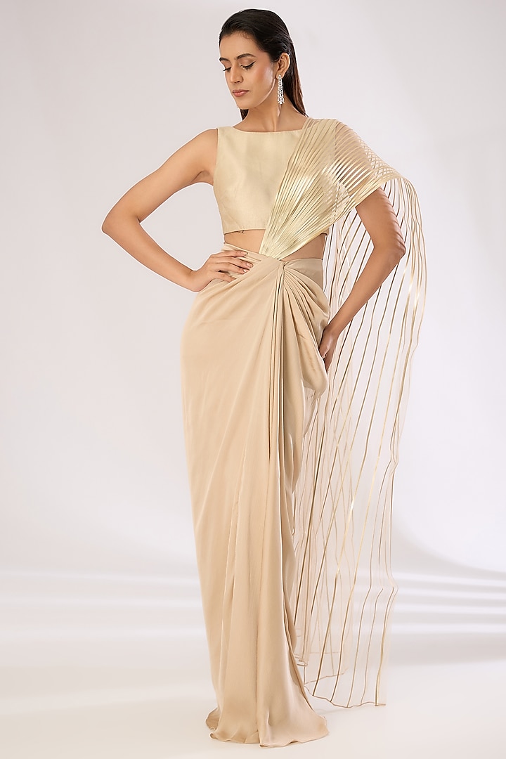 Sand-Colored Metallic Polymer Draped Skirt Wedding Saree Set by Amit Aggarwal at Pernia's Pop Up Shop