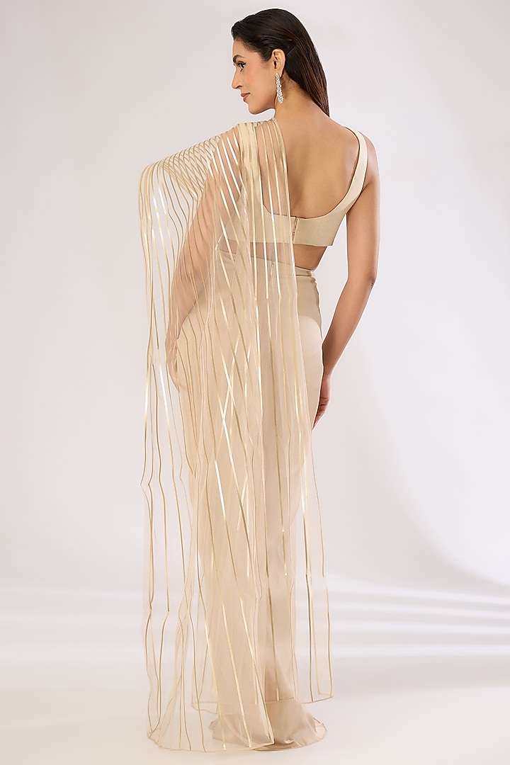 Sand-Colored Metallic Polymer Draped Skirt Wedding Saree Set by Amit Aggarwal at Pernia's Pop Up Shop