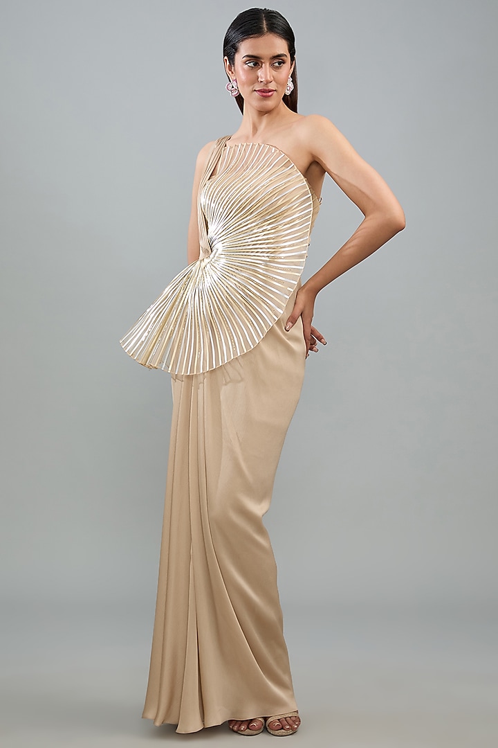Sand Metallic Polymer & Crepe Chiffon Gown by Amit Aggarwal