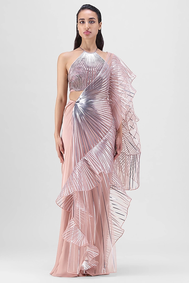 Rose Pink Mineral Jersey & Chiffon Ruffled Skirt Reception Saree Set by Amit Aggarwal at Pernia's Pop Up Shop