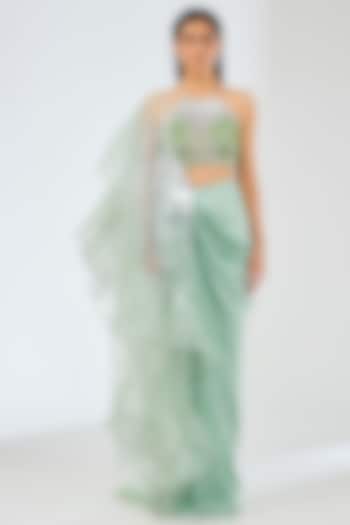 Sage Green Satin Chiffon Skirt Set by Amit Aggarwal at Pernia's Pop Up Shop