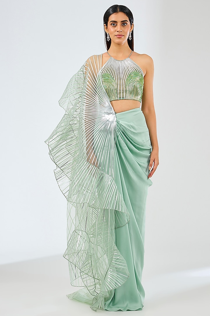 Sage Green Satin Chiffon Skirt Set by Amit Aggarwal at Pernia's Pop Up Shop