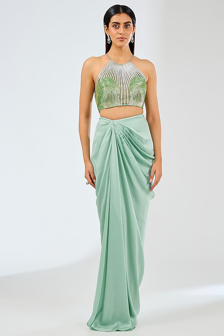 Sage Green Satin Chiffon Skirt Set by Amit Aggarwal at Pernia's Pop Up Shop